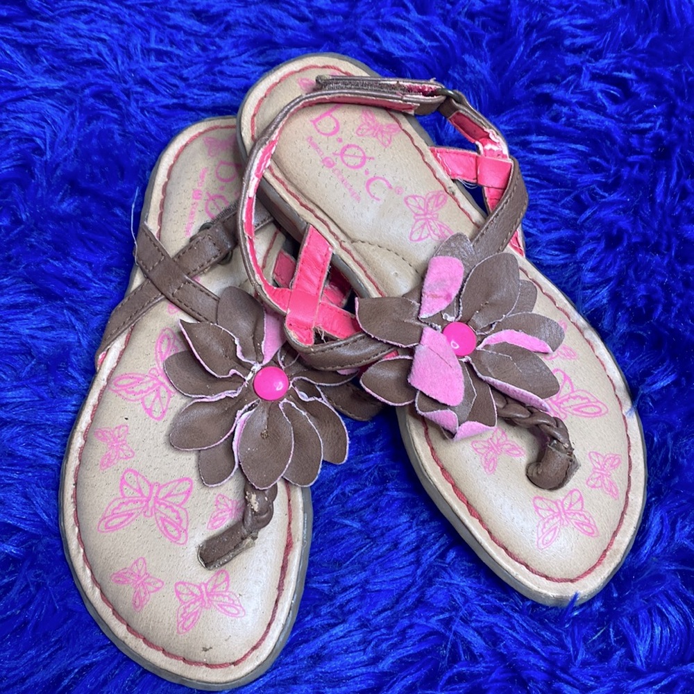 B.O.C. Pink & Brown Flower Memory Foam Sandals Girl’s Size 11